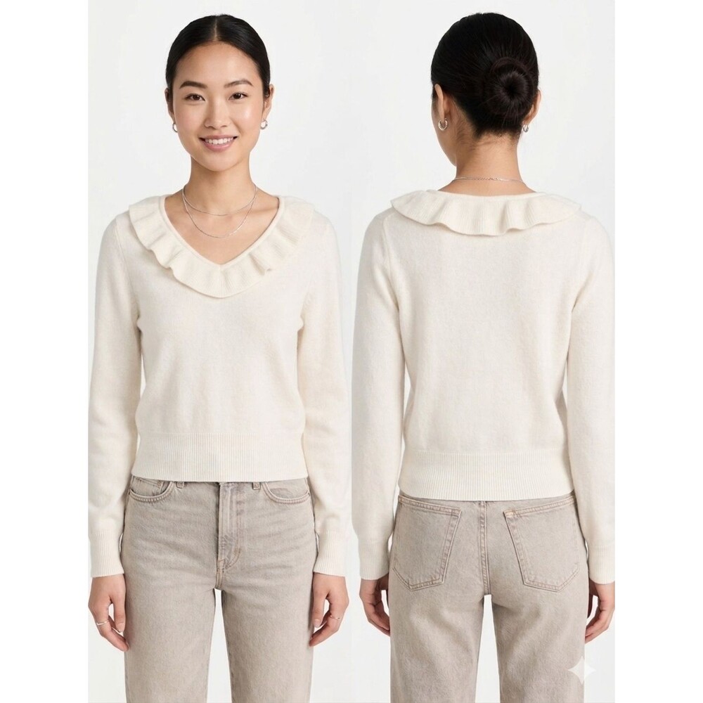 & Other Stories Paris Atelier Ivory Ruffle Neck 100% Wool Sweater Natural Fibers